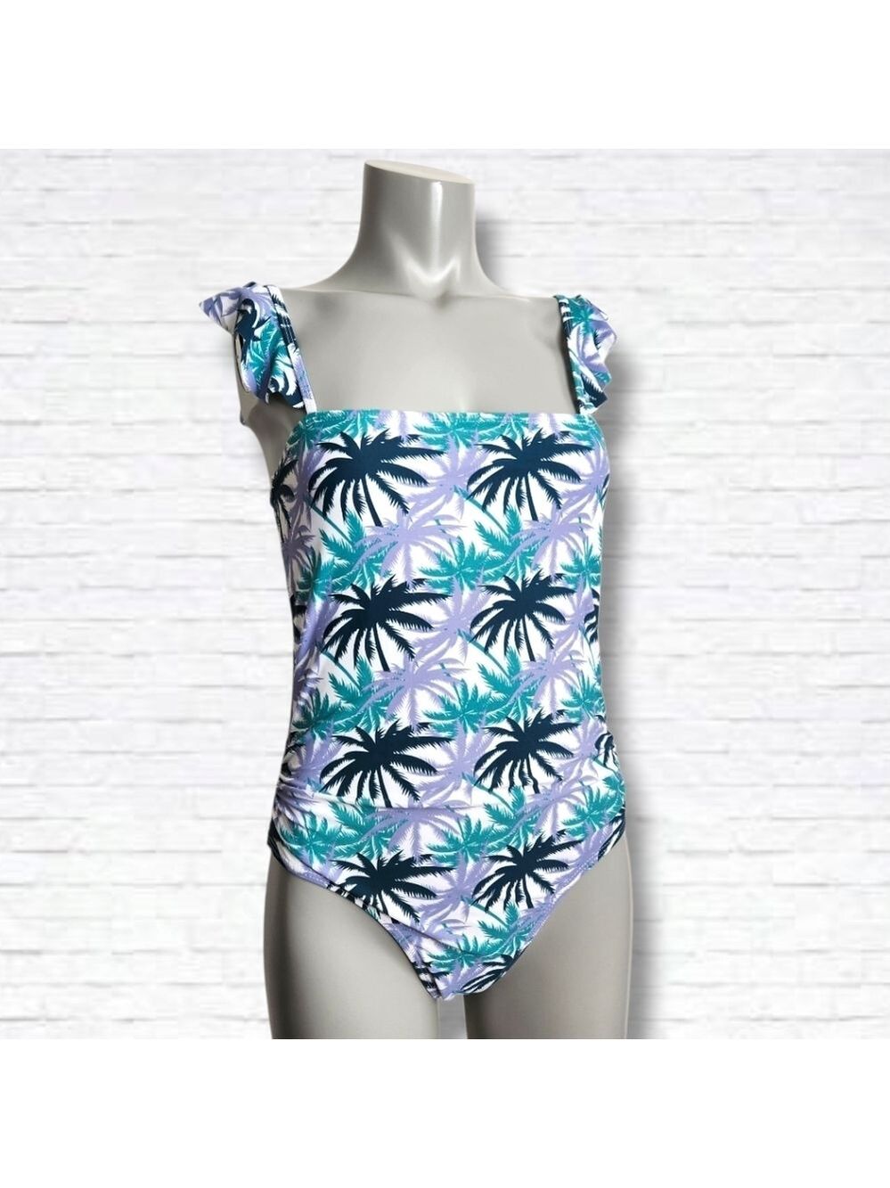 Jones New York Tropical Palm Print One Piece Ruffle Strap Bathing Suit Size M